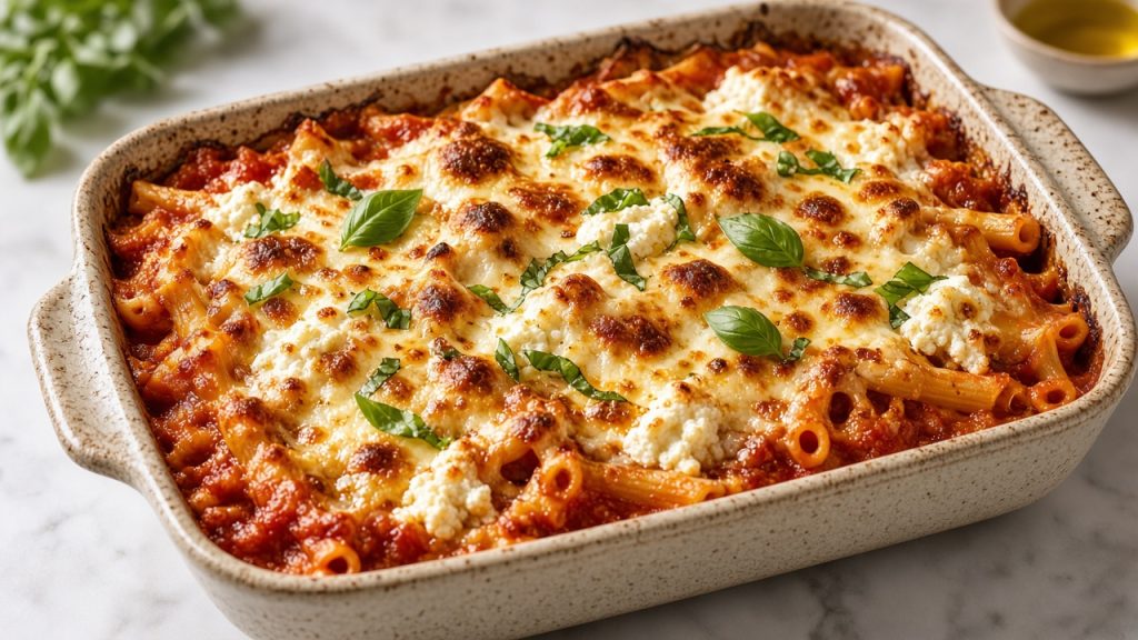 Bubbling baked ziti in a 9x13 dish with browned mozzarella and marinara at the edges