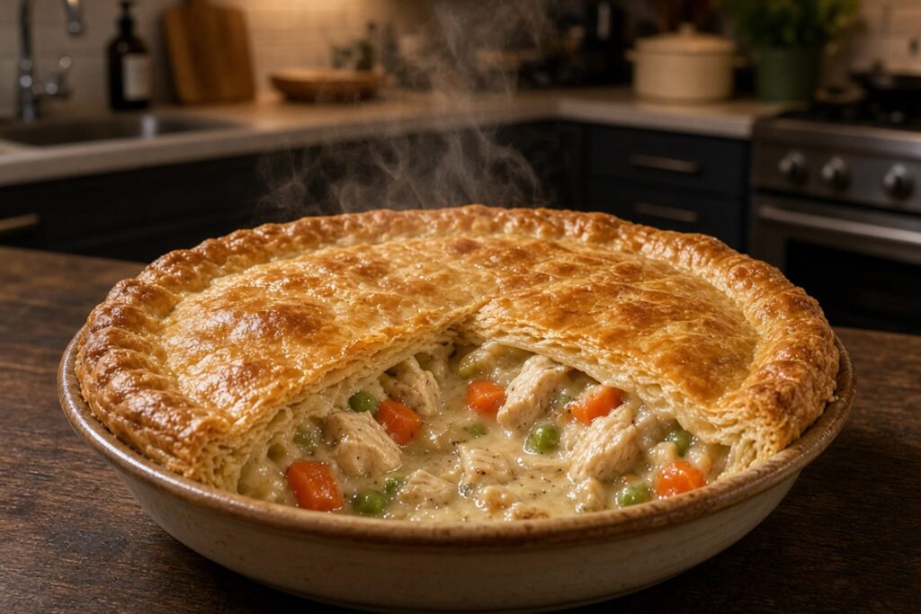 Baked chicken pot pie with a golden crust and a slice showing creamy chicken and vegetables