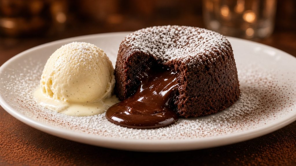 Chocolate lava cake split open with molten center running onto a plate