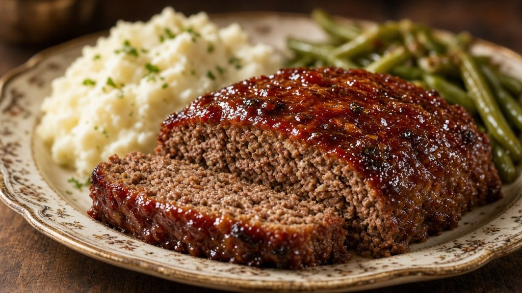 Sliced classic meatloaf with a shiny ketchup glaze on a platter