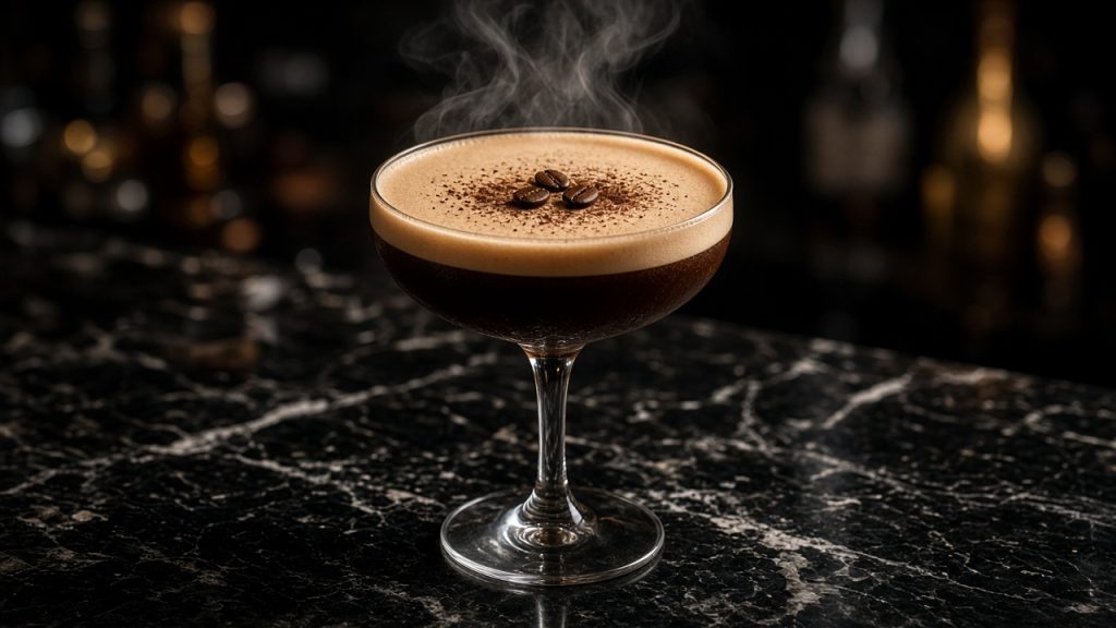 Espresso martini in a coupe with three coffee beans and a crema foam