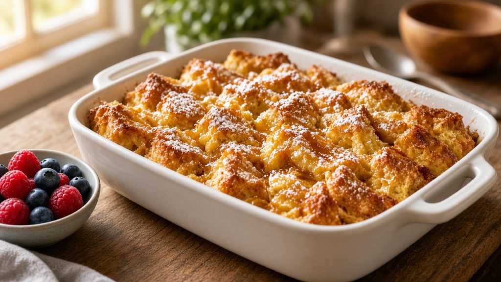 Baked French toast casserole with golden brioche cubes and a cinnamon brown-sugar crust