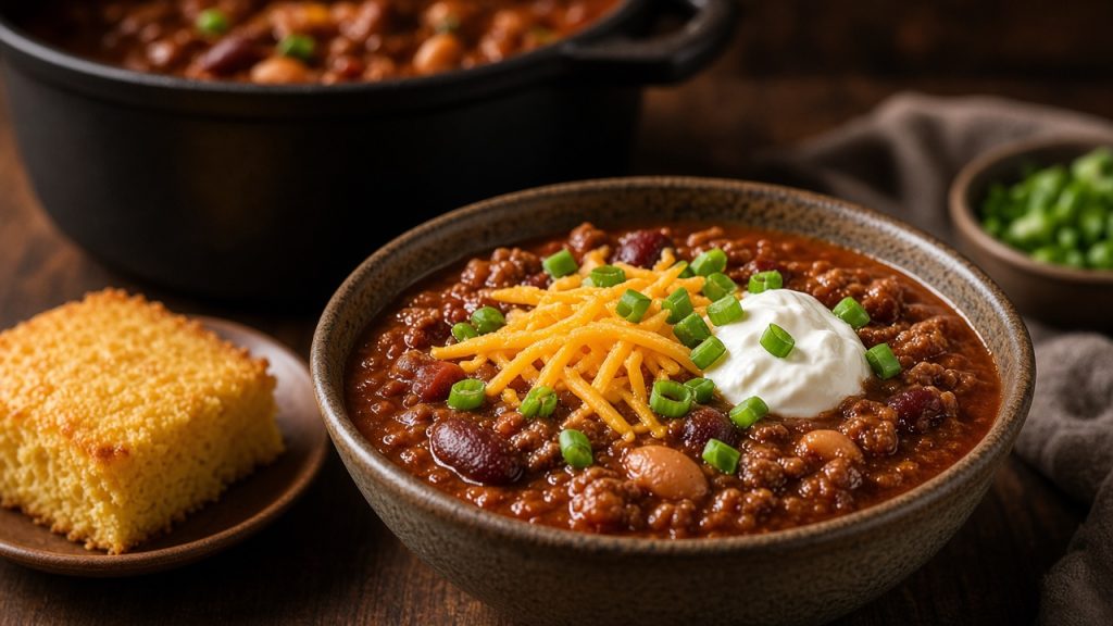 Bowl of homemade beef chili topped with cheddar, sour cream, and green onions