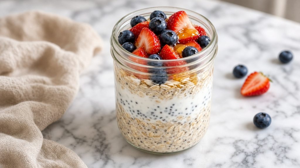 Jar of overnight oats topped with berries and a drizzle of honey