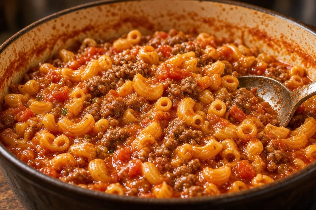 Pot of American goulash with elbow macaroni, ground beef, and tomato sauce