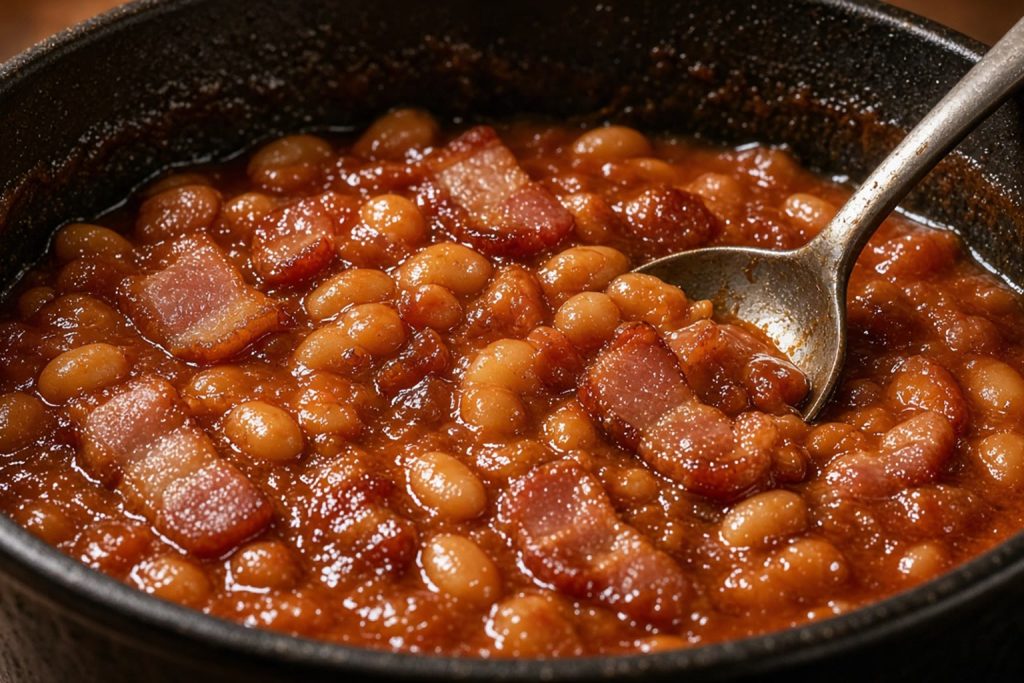 Casserole of homemade baked beans with bacon and molasses