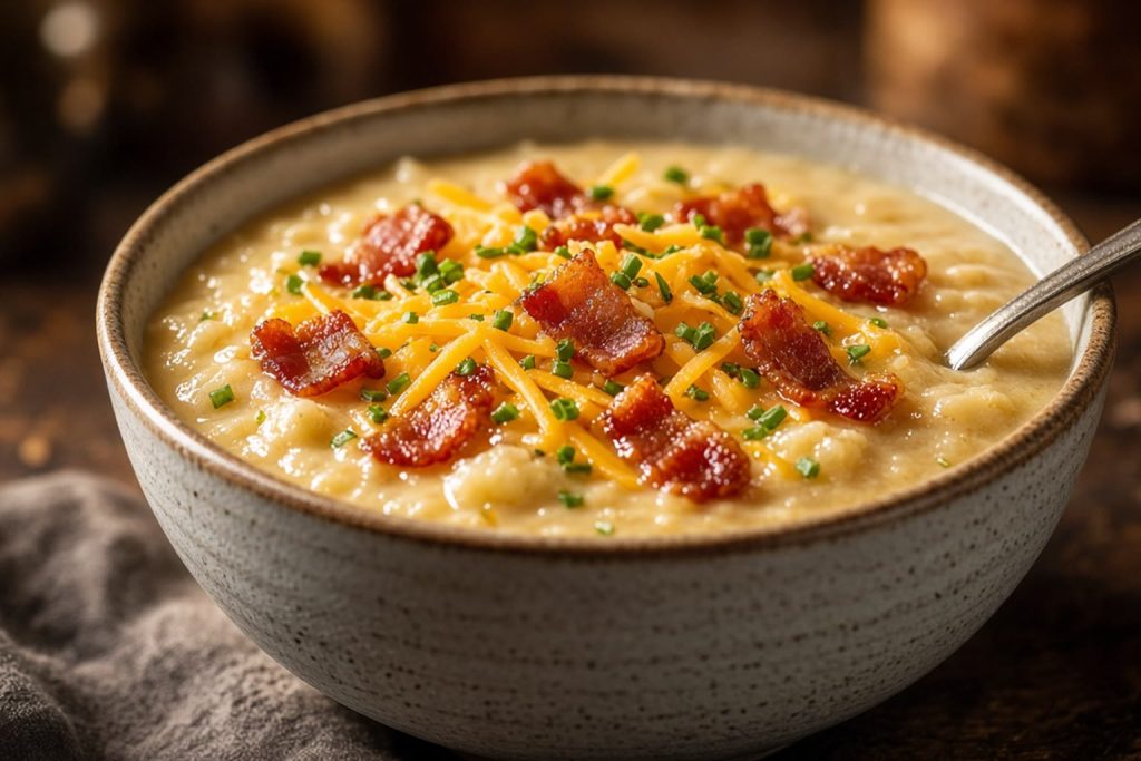 Bowl of baked potato soup with cheddar, bacon, and chives