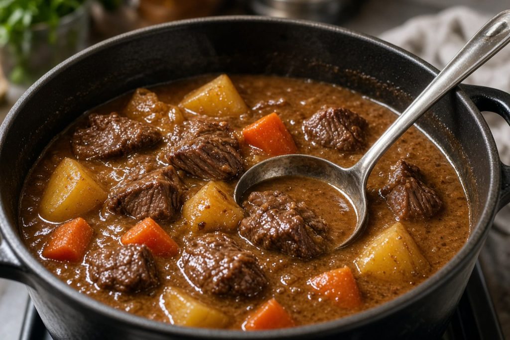 Dutch oven of beef stew with chuck, carrots, and potatoes in brown gravy
