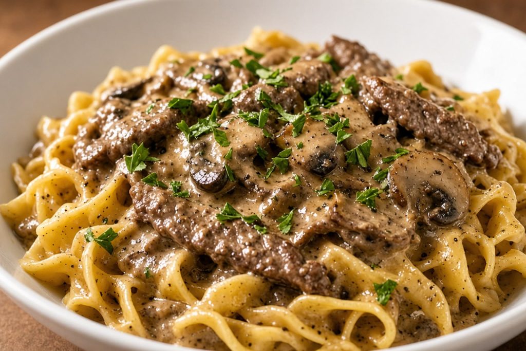 Egg noodles topped with beef stroganoff in a mushroom sour cream sauce