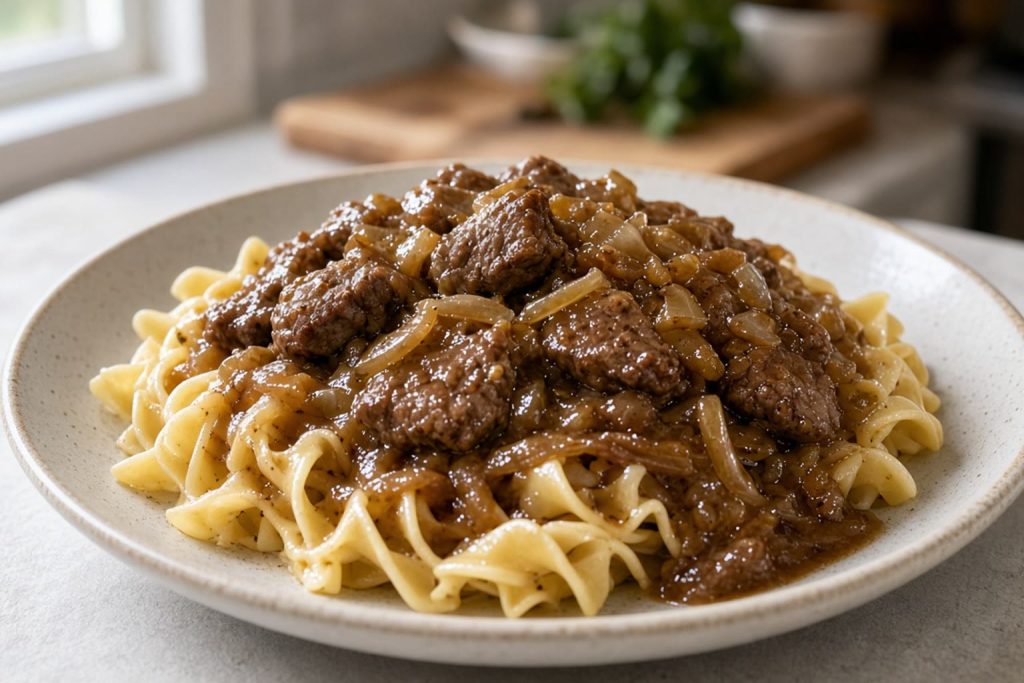 Beef tips in brown gravy over noodles