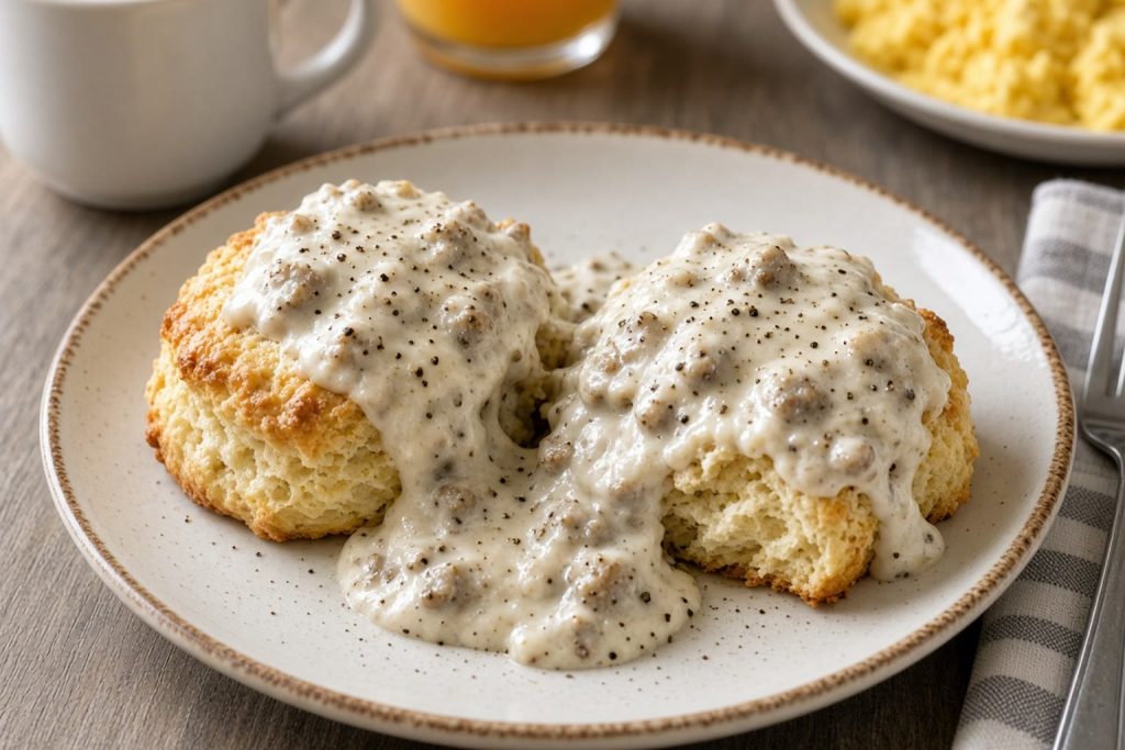 Split biscuits smothered in peppered sausage gravy on a breakfast plate