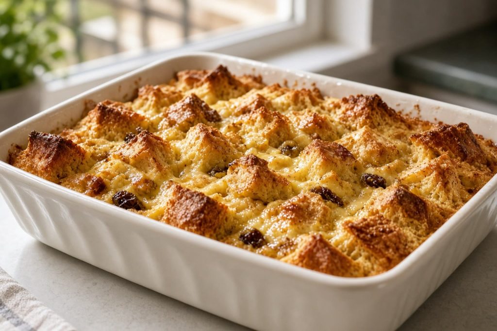 Bread pudding in a baking dish