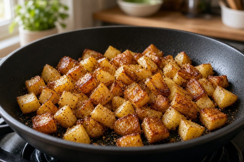 Crisped breakfast potatoes in a skillet