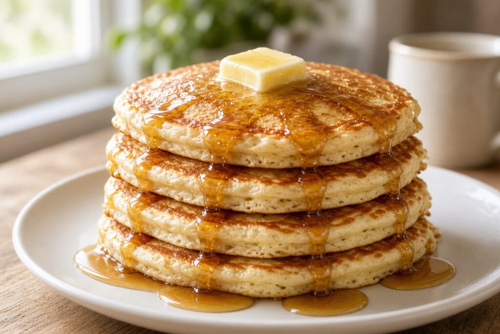 Stack of buttermilk pancakes with melting butter and maple syrup on a breakfast plate