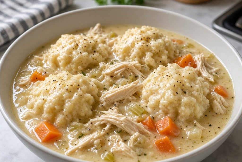 Bowl of chicken and dumplings with fluffy drop dumplings, shredded chicken, and carrots
