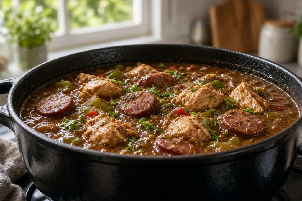 Pot of chicken and sausage gumbo