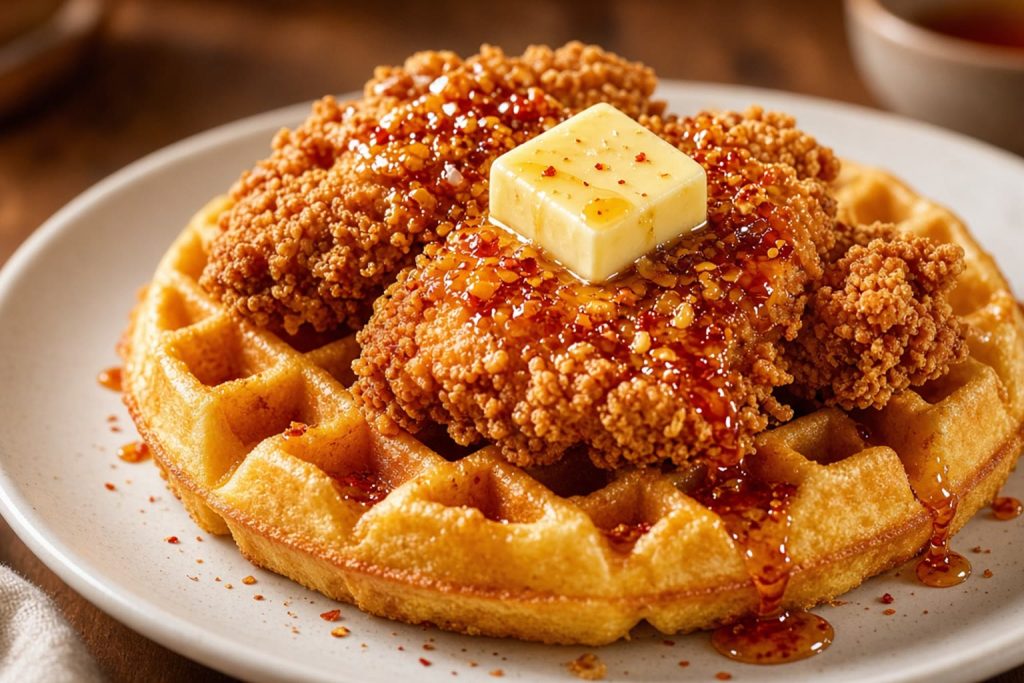 Fried chicken on a waffle with butter and hot honey
