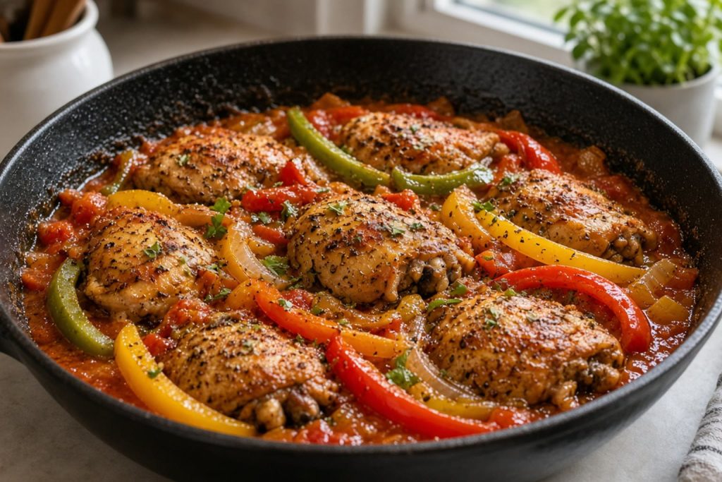 Chicken cacciatore with peppers in a skillet