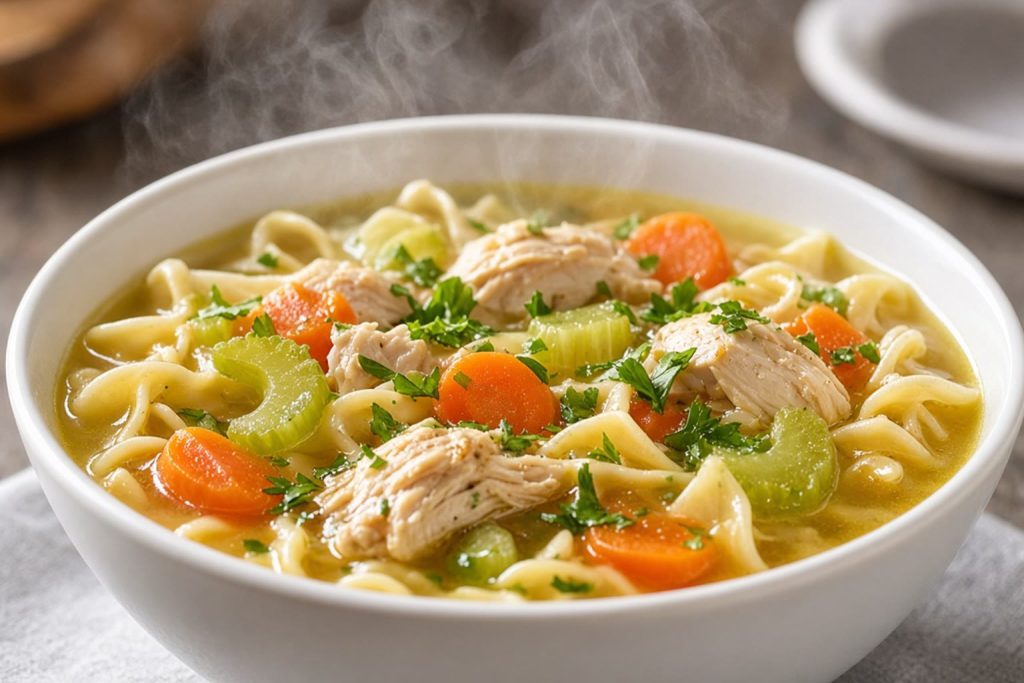 Bowl of chicken noodle soup with carrots, celery, and egg noodles