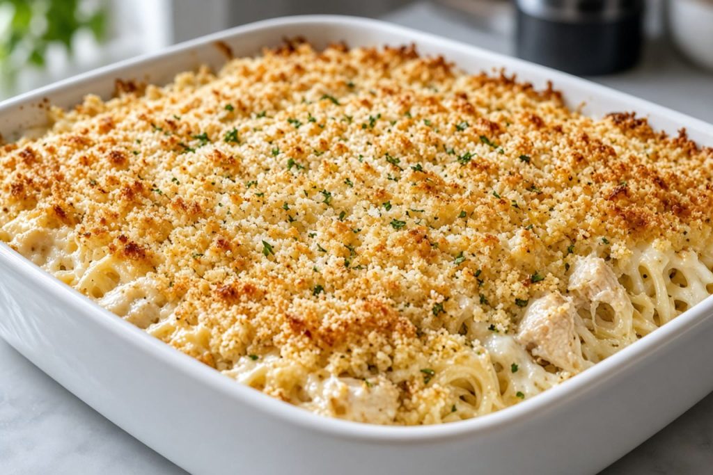 Chicken tetrazzini in a baking dish