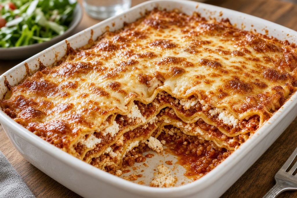 Classic lasagna in a 9x13 with a slice showing pasta sheets, meat sauce, and ricotta