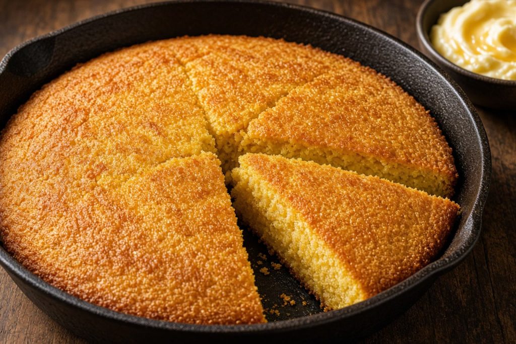 Cast-iron skillet of golden cornbread with a crisp edge