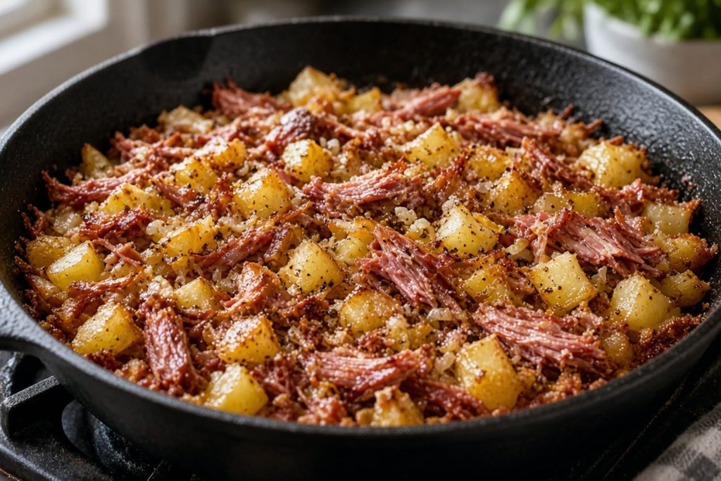 Crisped corned beef hash in a skillet