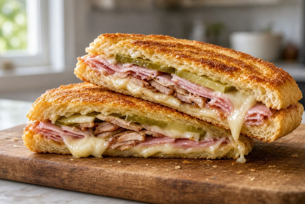 Pressed Cuban sandwich cut in half