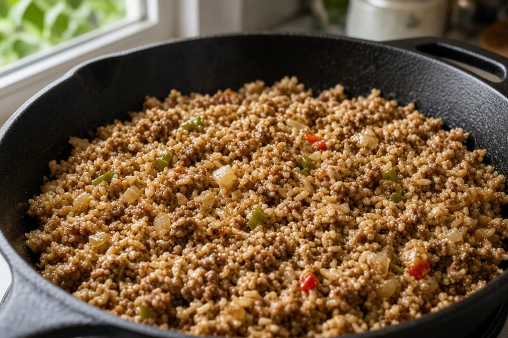 Skillet of dirty rice with ground meat