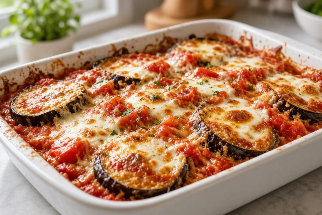 Baked eggplant parmesan in a dish