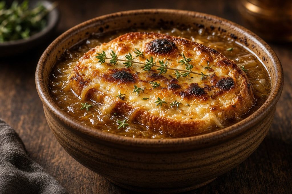 Crocks of french onion soup with melted gruyere toasts