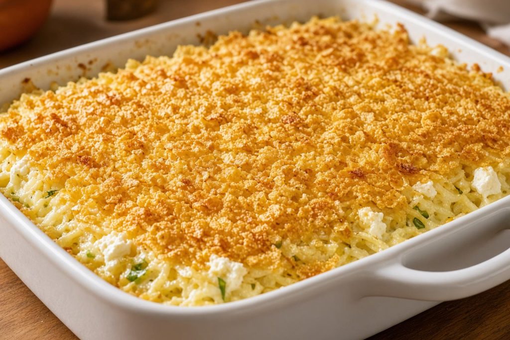 Funeral potatoes with a cornflake top