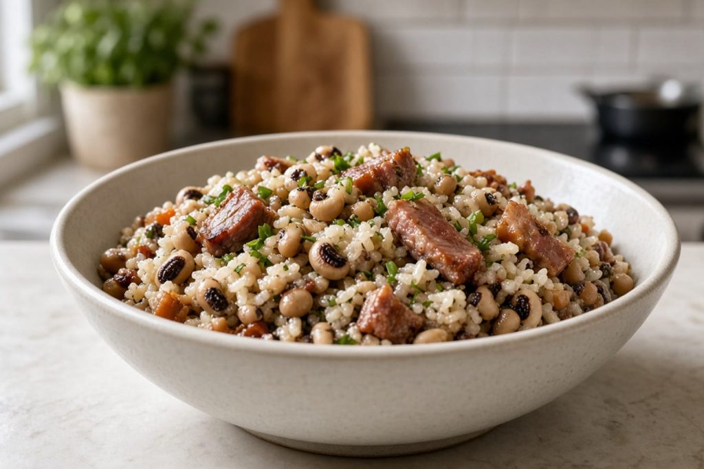 Bowl of hoppin john with black-eyed peas and rice