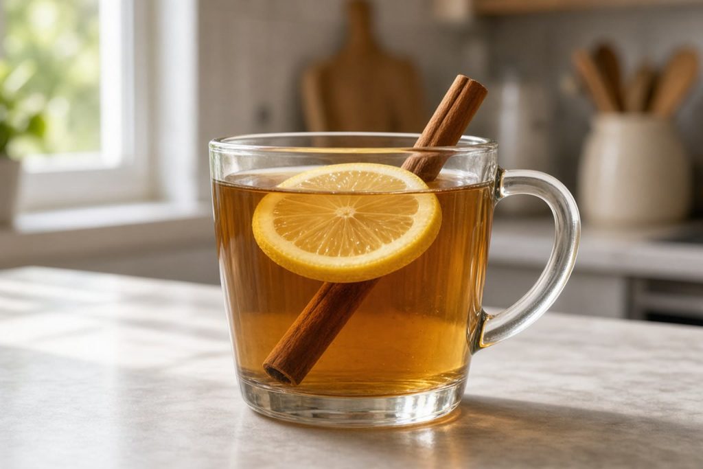 Hot toddy in a mug with a lemon slice