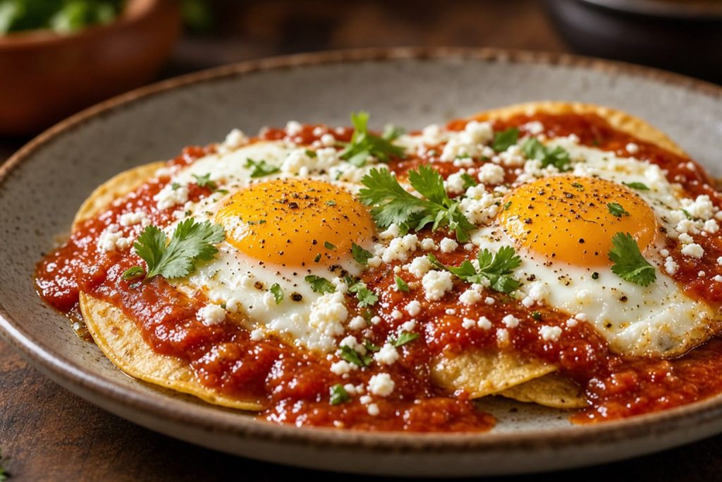 Huevos rancheros with tomato sauce