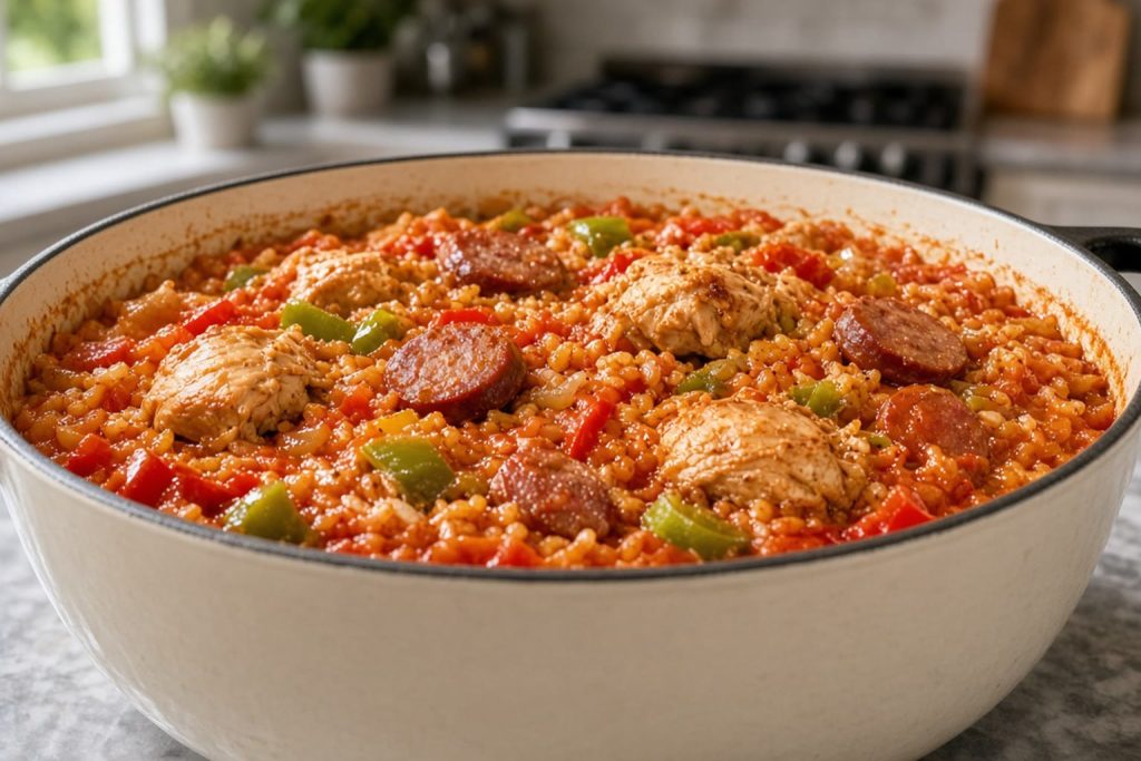 Pot of chicken and sausage jambalaya