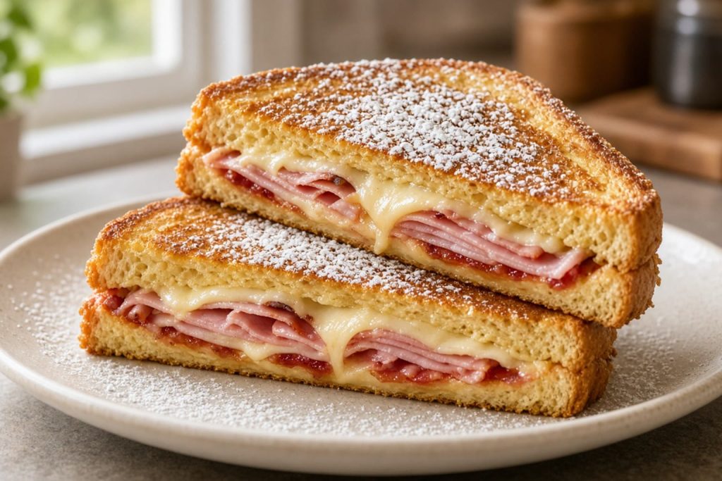 Monte Cristo sandwich dusted with powdered sugar