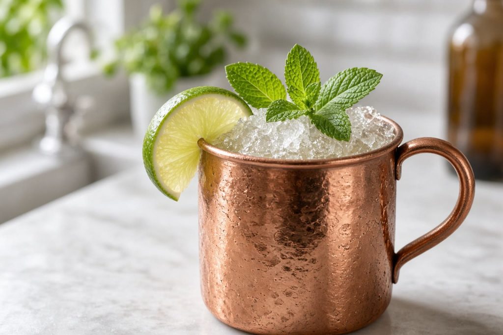 Moscow mule in a copper mug with crushed ice, lime wedge, and mint