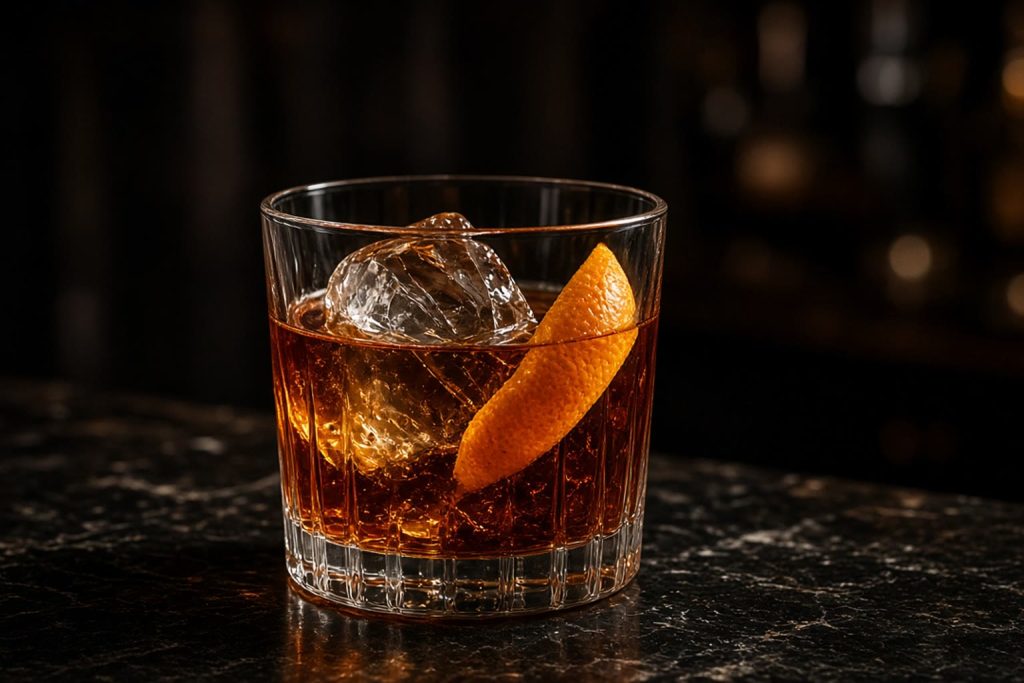 Old fashioned cocktail in a rocks glass with an orange peel and cherry