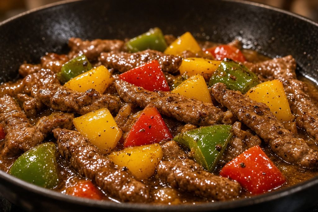 Pepper steak in a skillet
