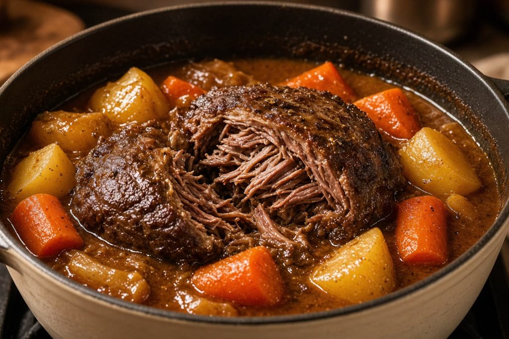 Dutch oven pot roast with carrots, potatoes, and brown gravy