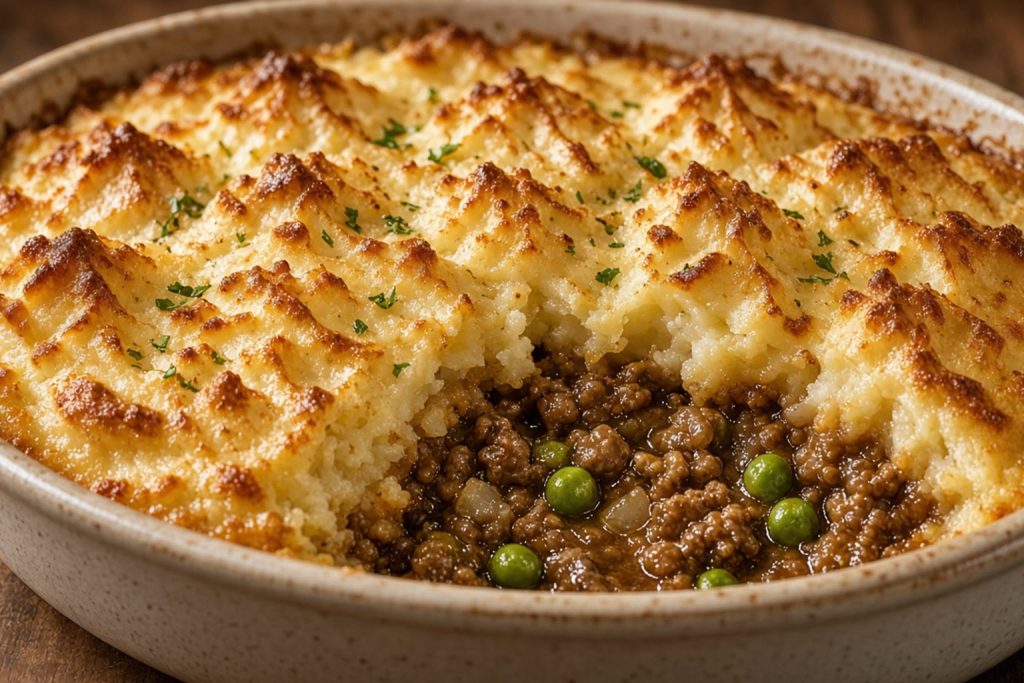 Baking dish of shepherd's pie with browned mashed potato top