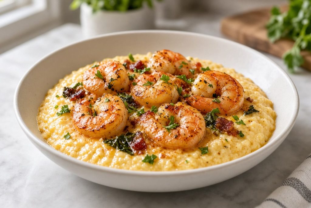 Shrimp in a skillet over a bowl of grits