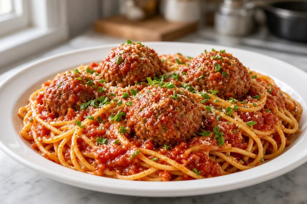 Spaghetti and meatballs in tomato sauce