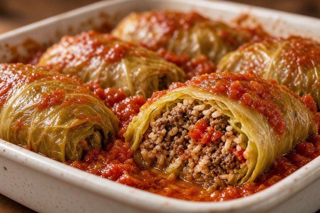 Baking dish of stuffed cabbage rolls in tomato sauce