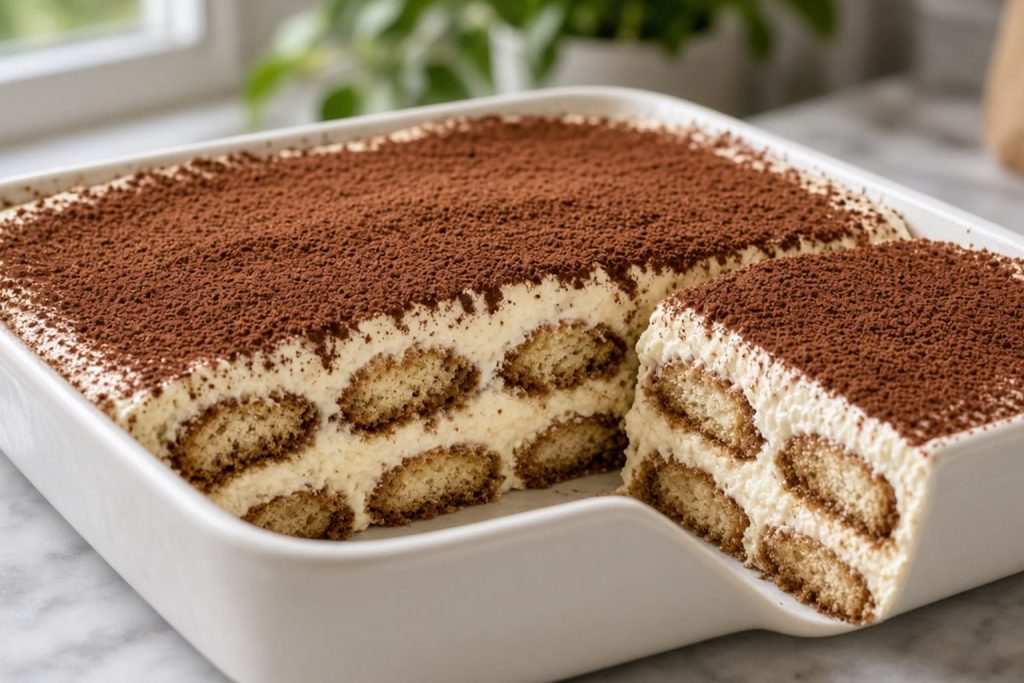 Tiramisu in a dish with cocoa on top